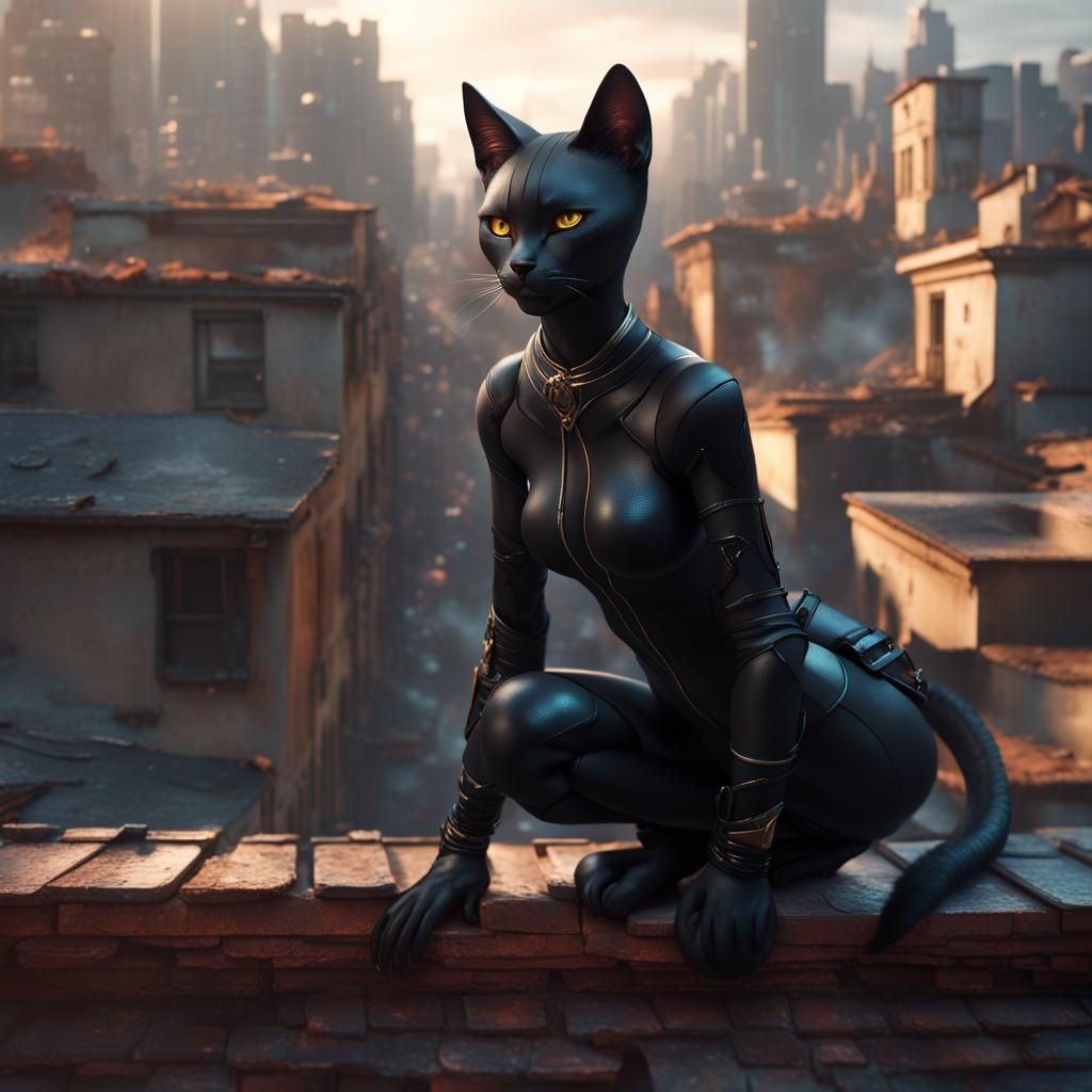Cat Burglar on Rooftop in Detailed Matte Painting
