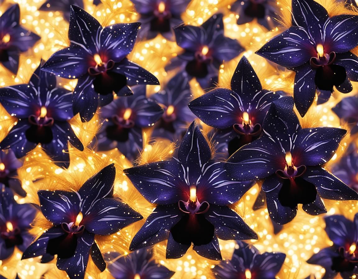 Ornate Star Ornament with Black Orchids and Lights