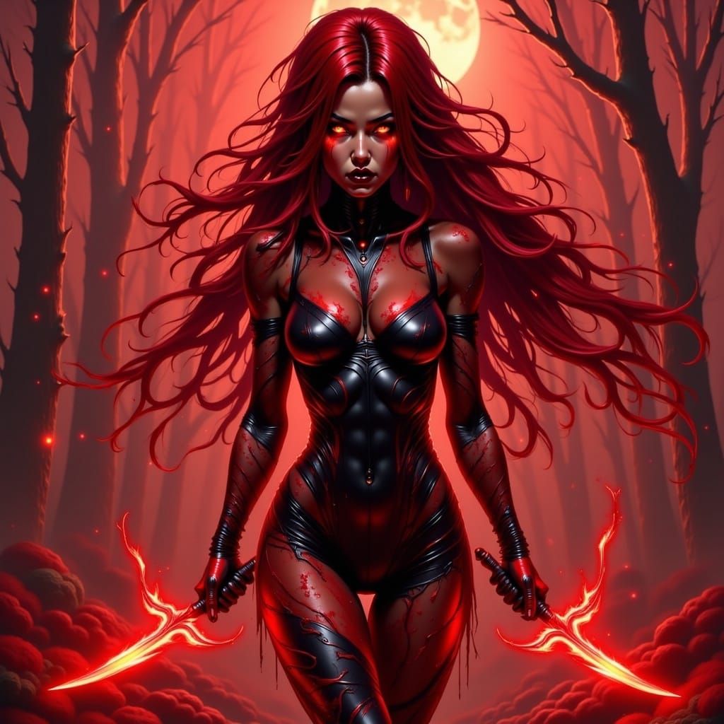 Blood Demon Woman with Crimson Blades in Dark Field