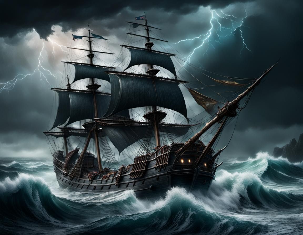 Galleon in Storm: Dark Gothic Fantasy Art