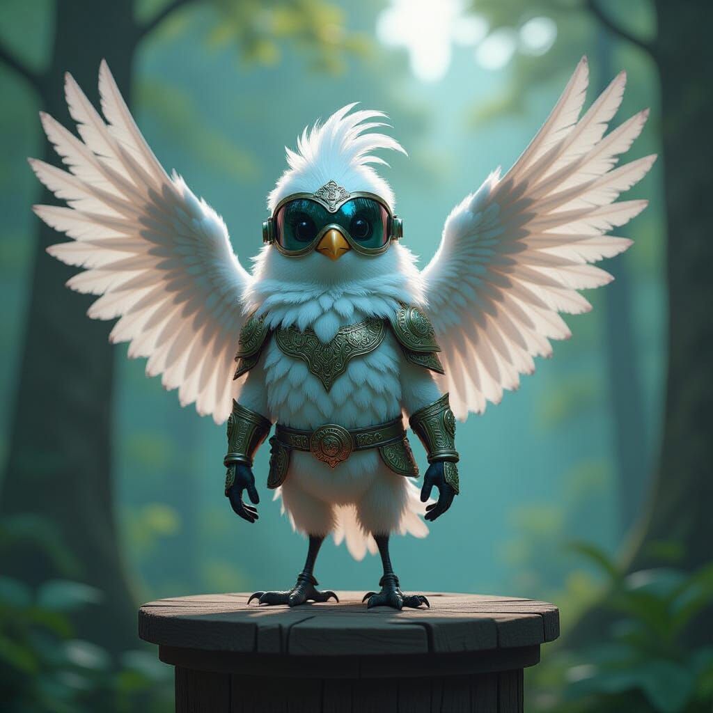 Feathered Sci-Fi Character in Forest Scene