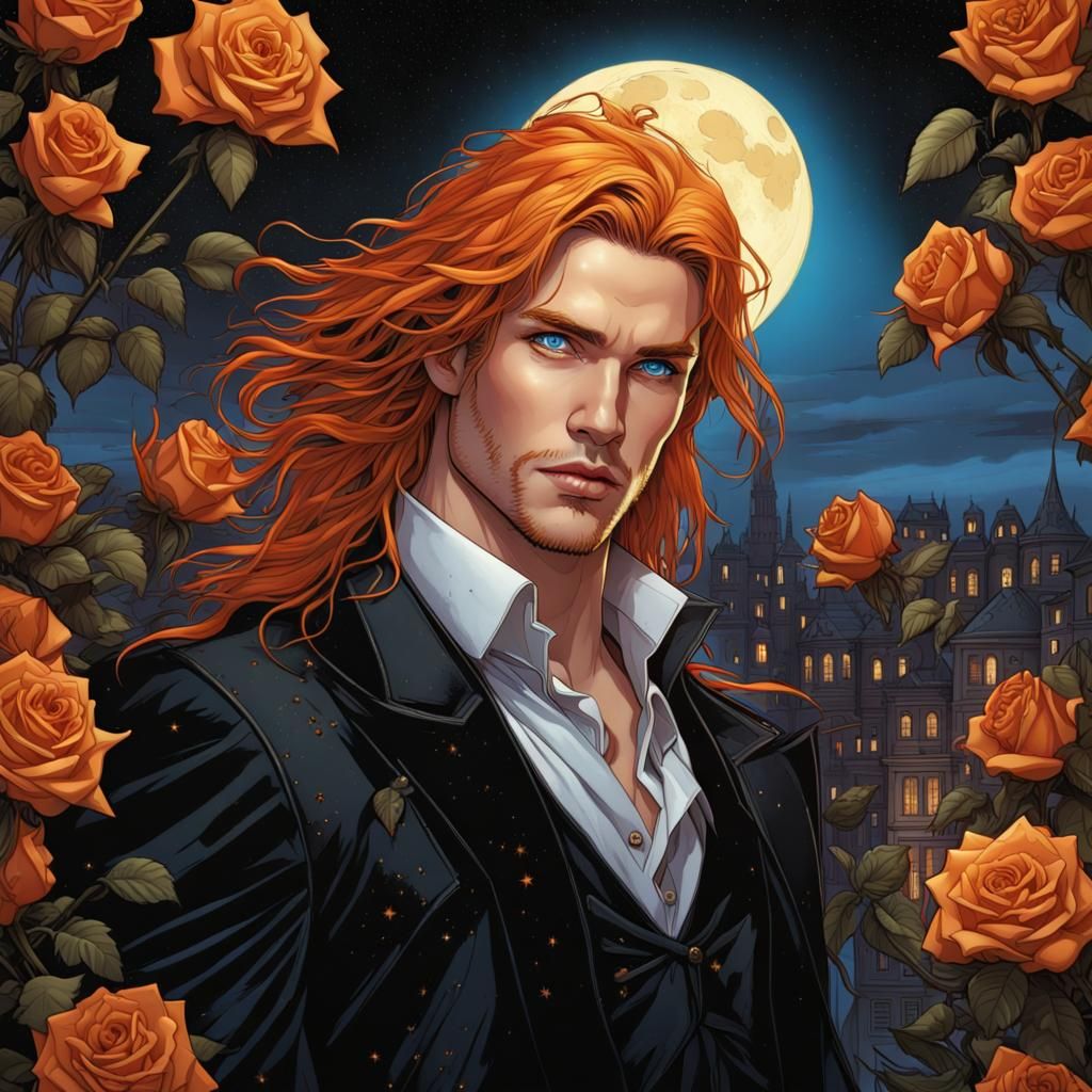 Gothic Vampire Portrait with Roses and Starry Sky