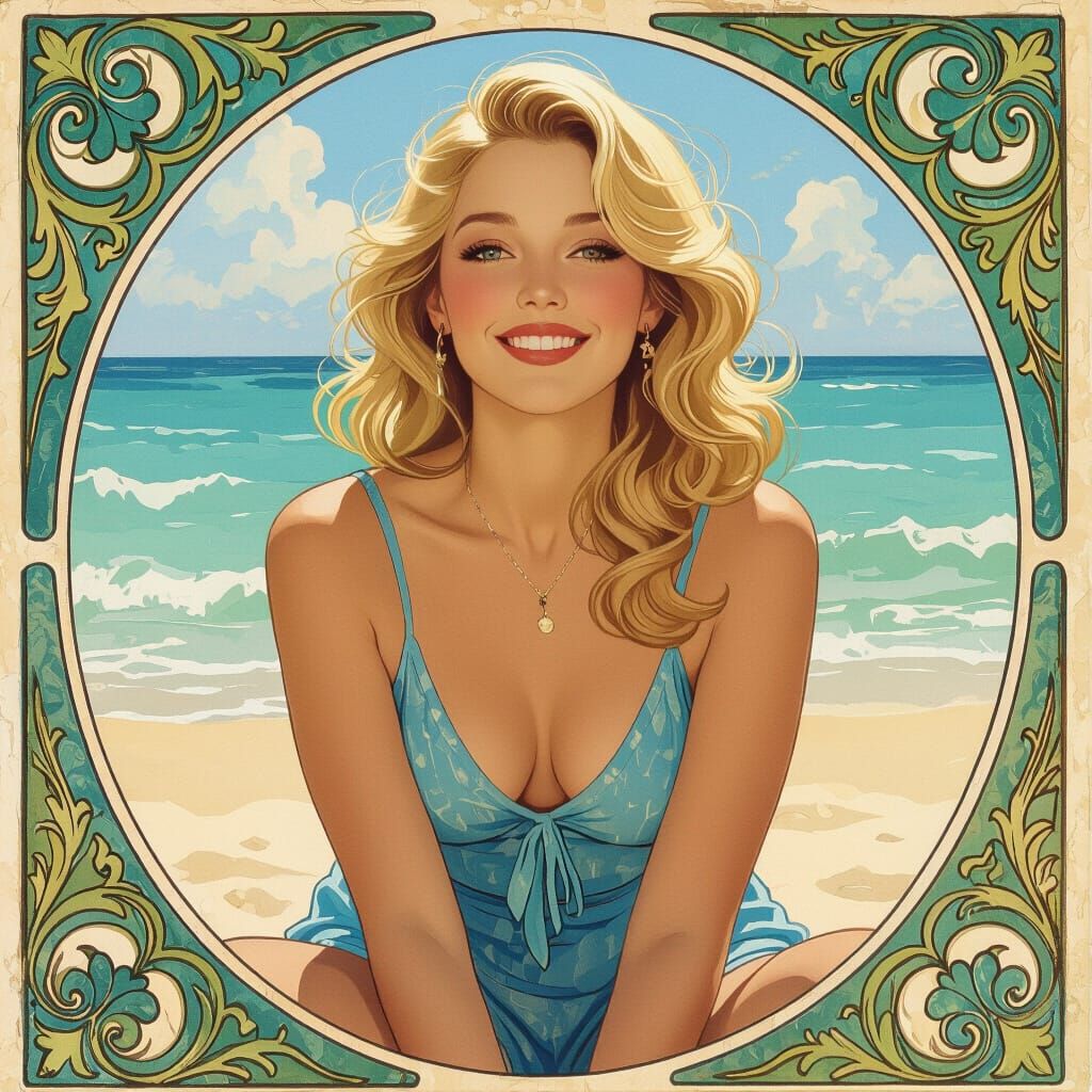 Blonde Woman on Beach, Impressionist Style