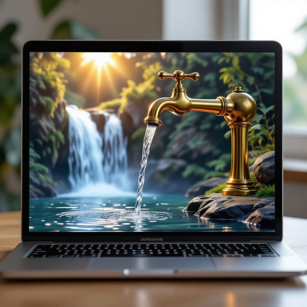 Surreal Golden Faucet Waterfall Displayed on Laptop