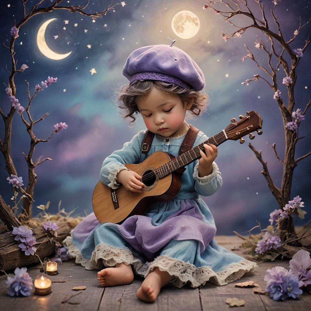 Touching Image of Baby with Guitar in Dreamy Art Style