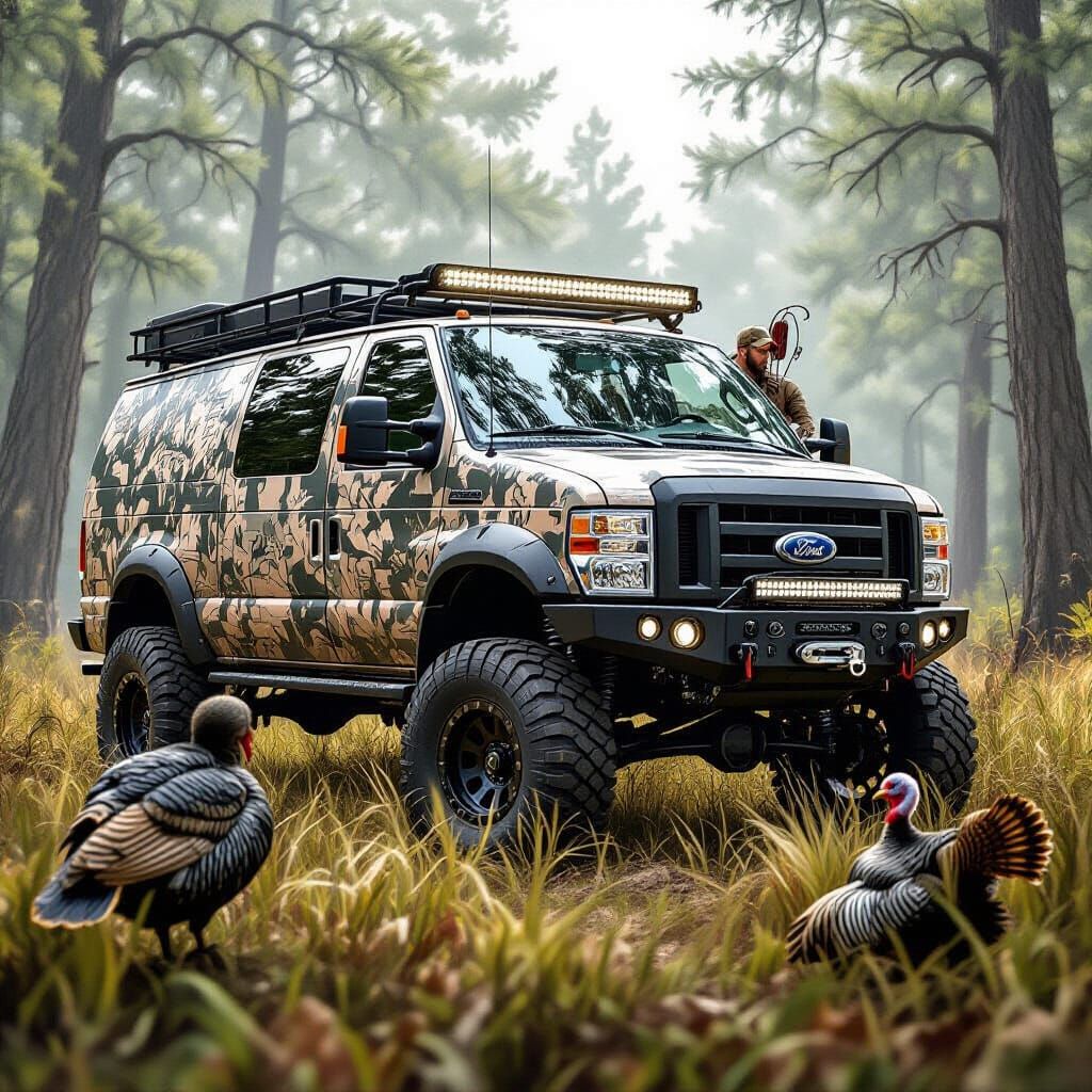 Camouflaged Ford Van and Hunter in Deep Woods
