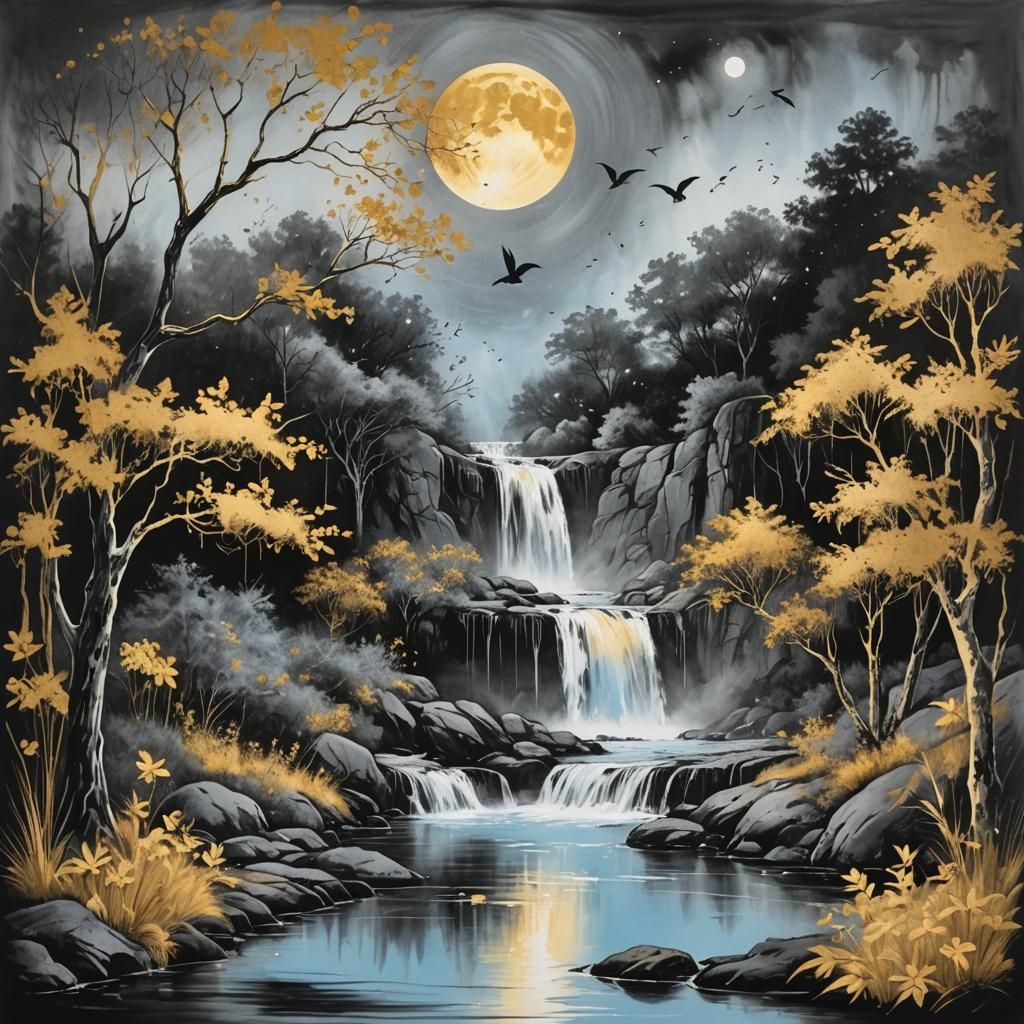 Landscape Painting of Waterfall with Gold Flowers