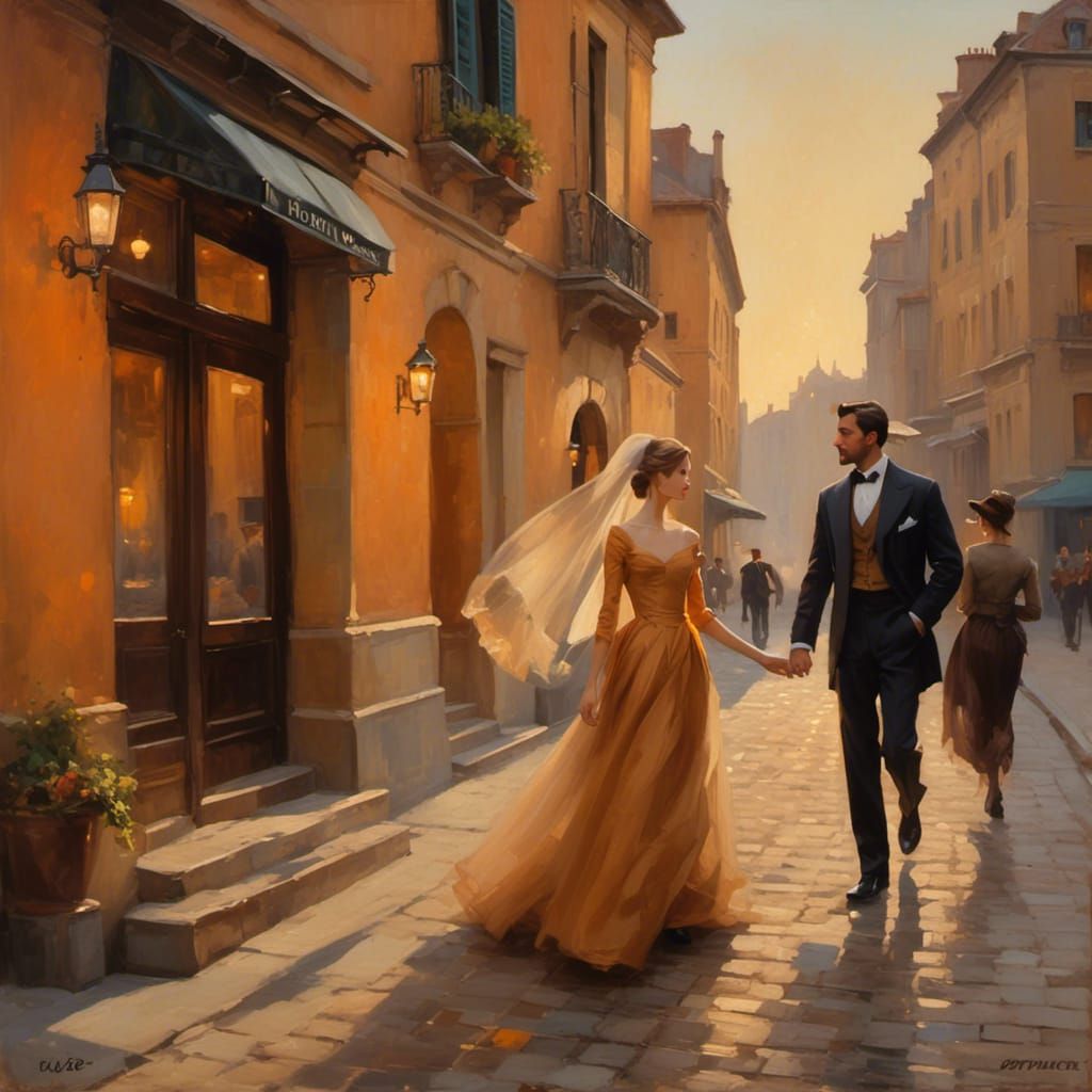 Romantic Impressionist Street Scene with Lady in Veil