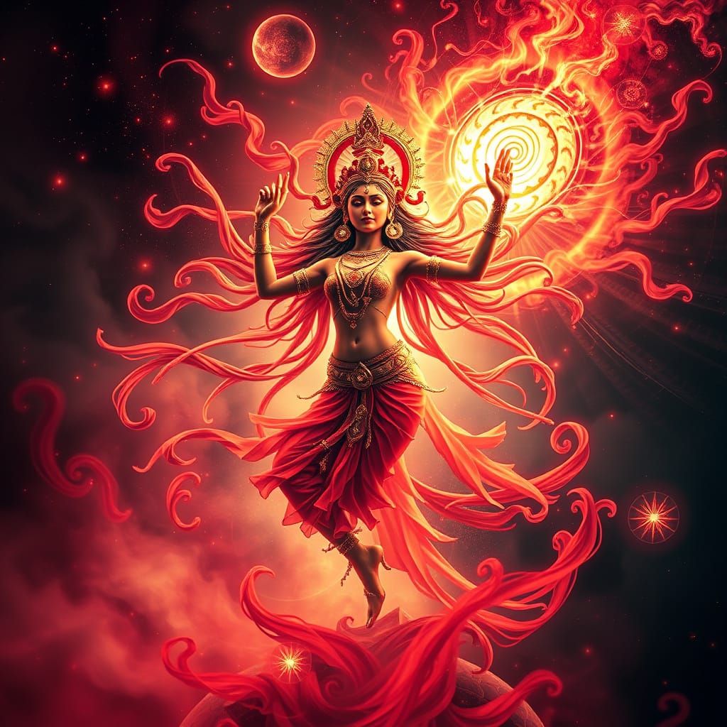 Surreal Spiritual Rebirth Visualization in Cosmic Dance Pose