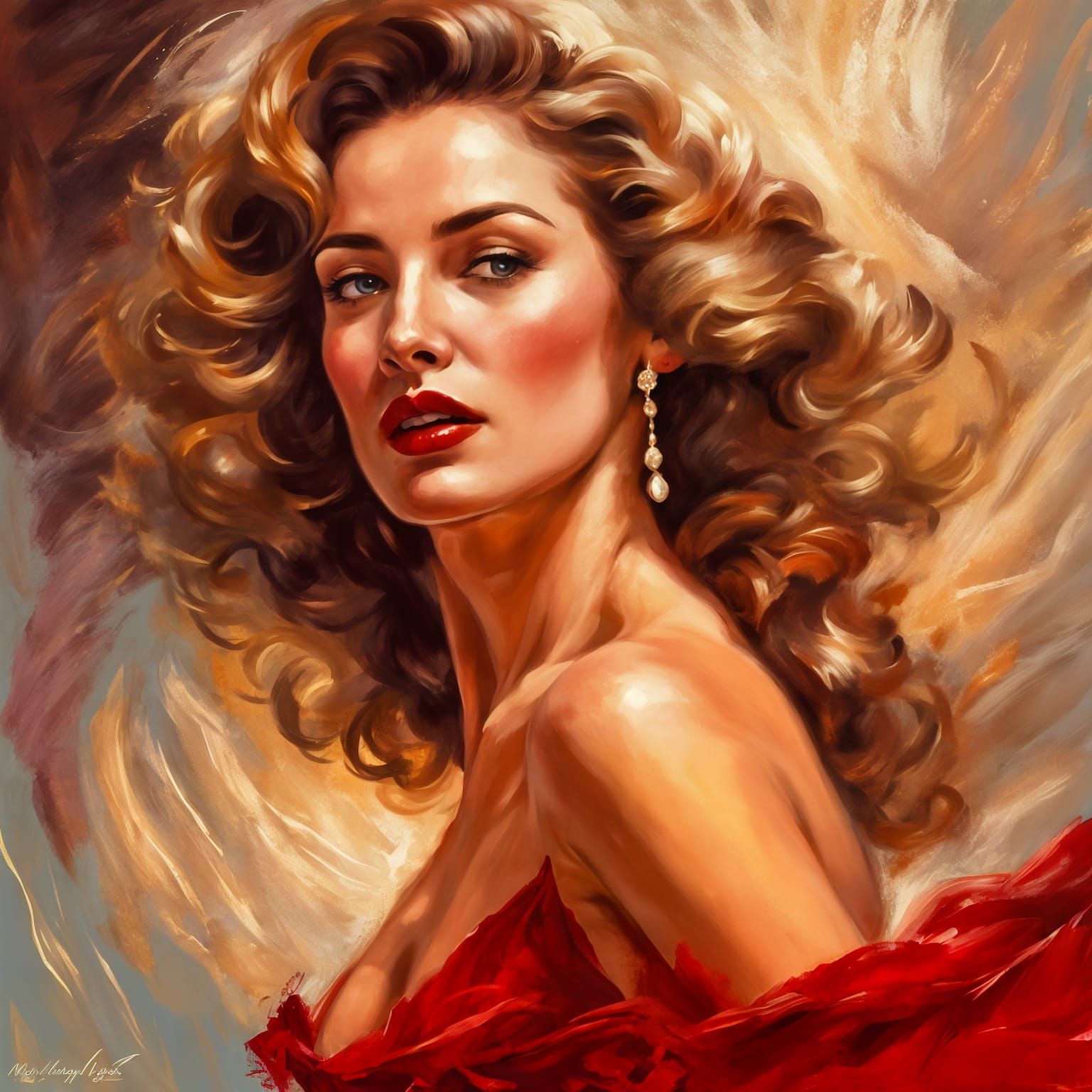 Lady in Red Dancing, Vintage Illustration Style