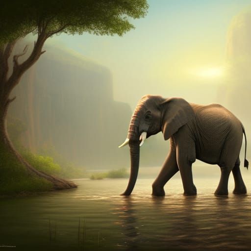 Elephant at Savanna Watering Hole in Dreamy Colors