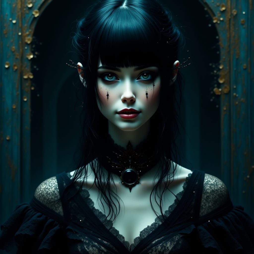 Gothic Woman with Black Moon Collar and Fishnets