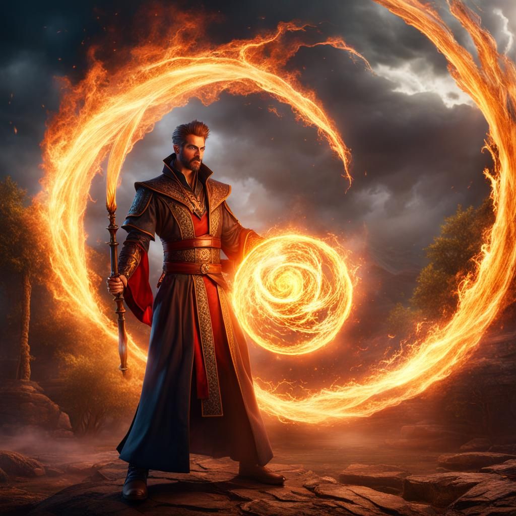 Mage Casting Fireball in Lightning Storm