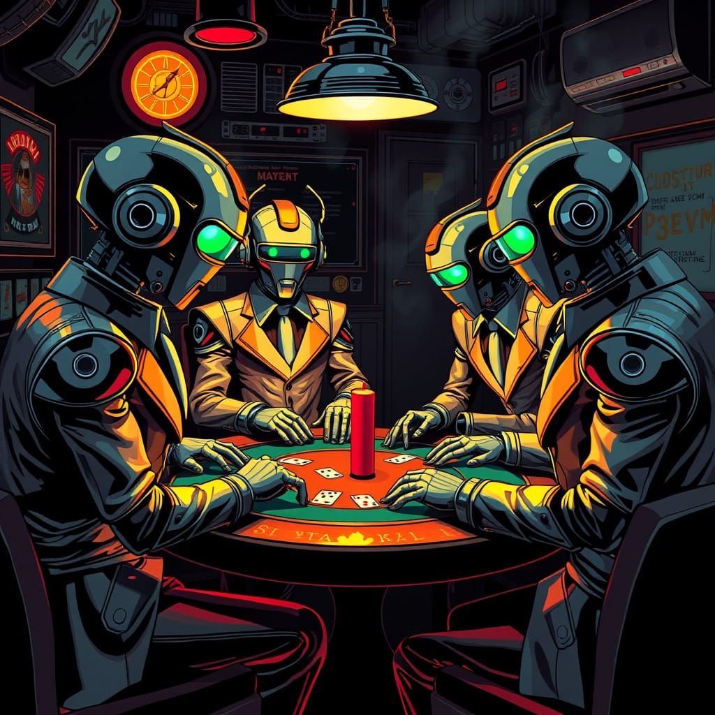 Retro Robots Play Poker in Neon Backroom