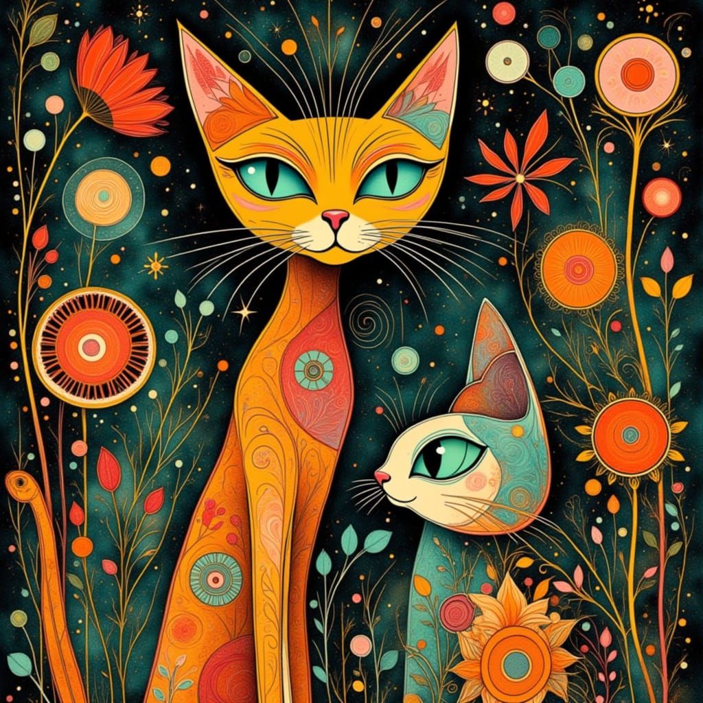 1950s Abstract Cat Portrait in Atomic Mid-Century Style