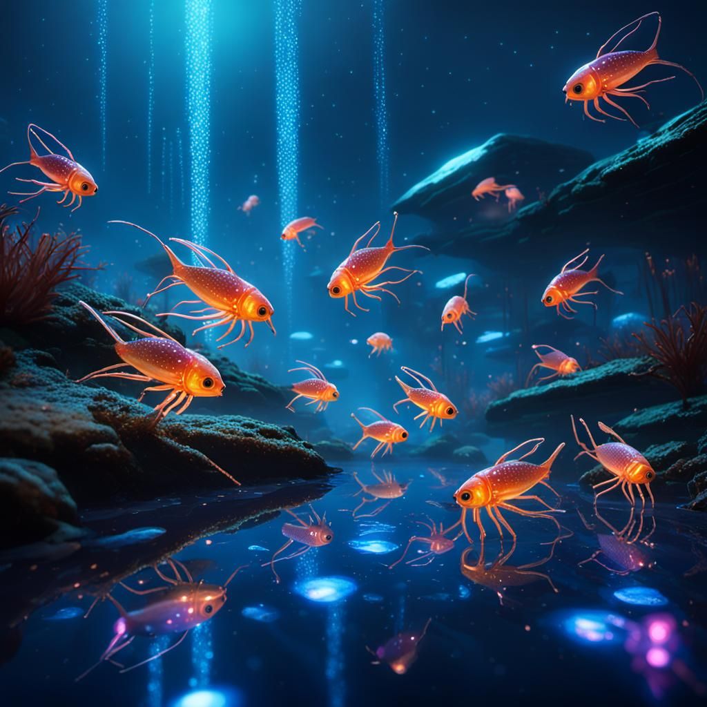 Bioluminescent Squid Spawning at Night in Cyberpunk Style
