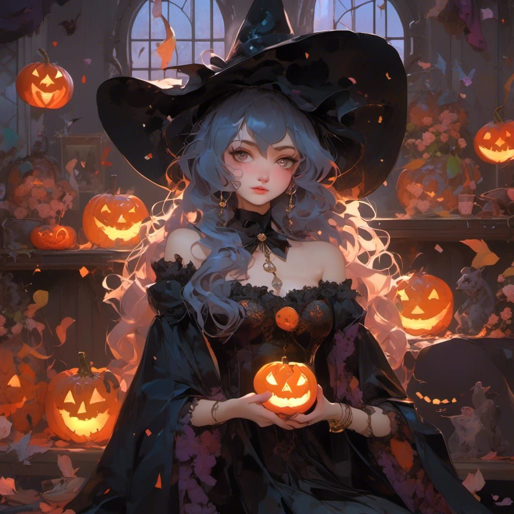 Gothic Anime Witch with Halloween Decorations