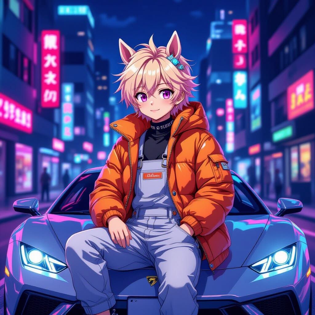 Anime Boys with Horse Ears in Neon City, Studio Trigger Styl...