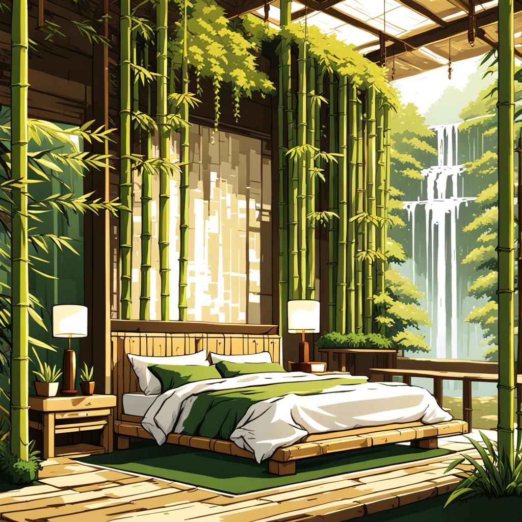 8-Bit Pixel Bedroom with Bamboo Waterfall in Anime Style