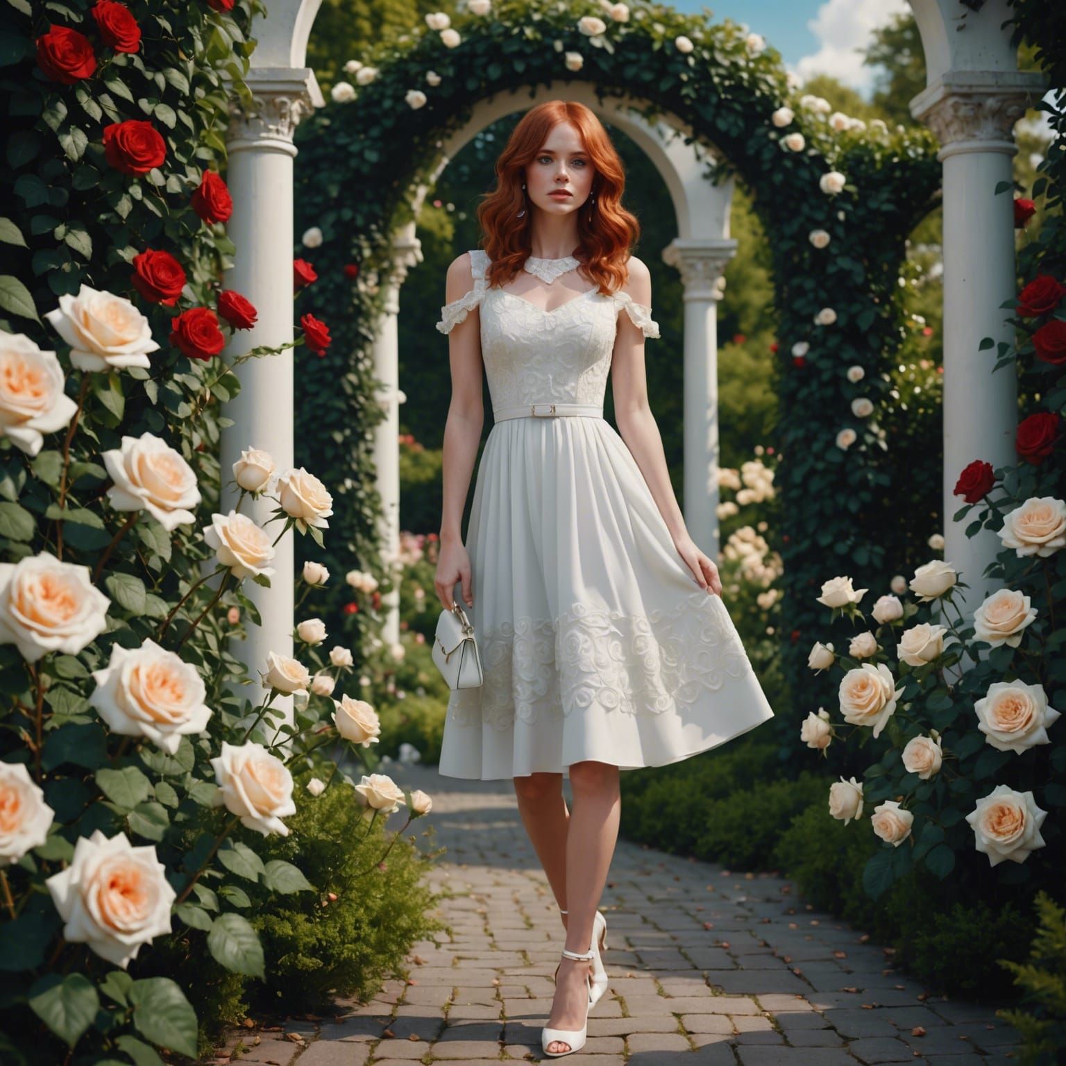Woman in Rose Garden: Detailed Matte Painting