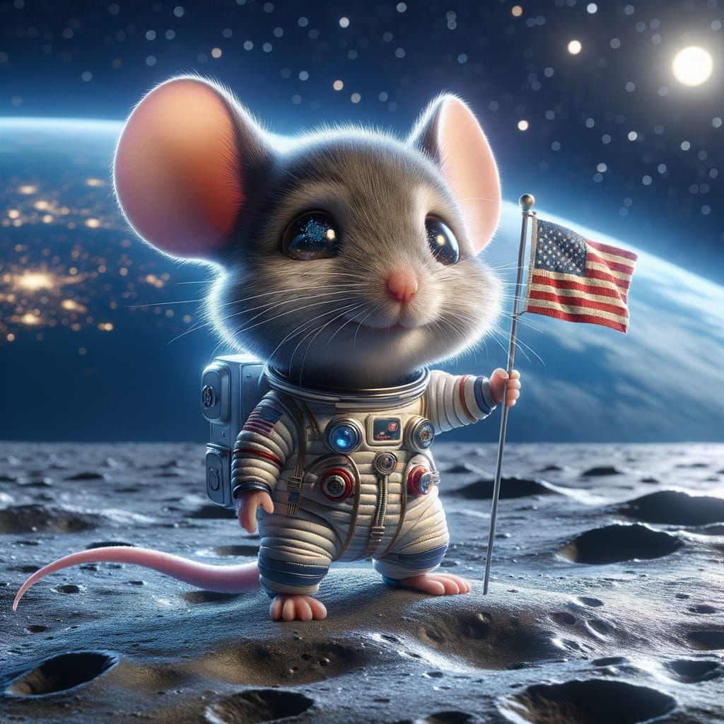 Cute Mouse Astronaut Plants Flag on the Moon in 3D