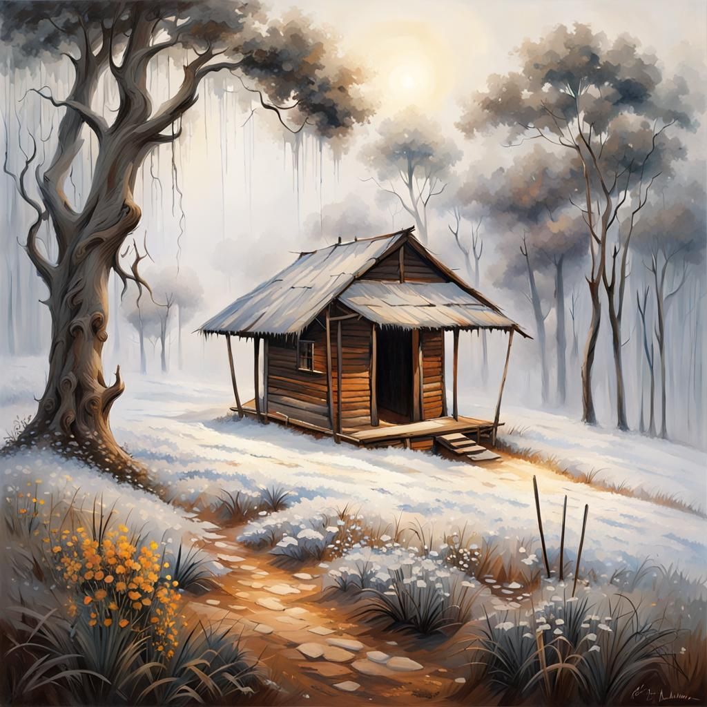 Winter Hut in Fog: Watercolor Impression