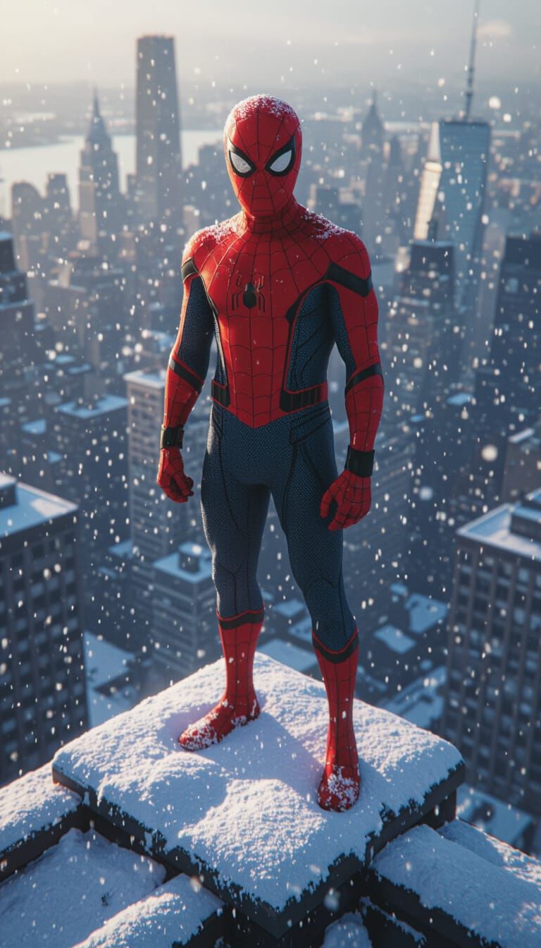 Spider-Man on Snowy Rooftop in Cinematic Winter Scene