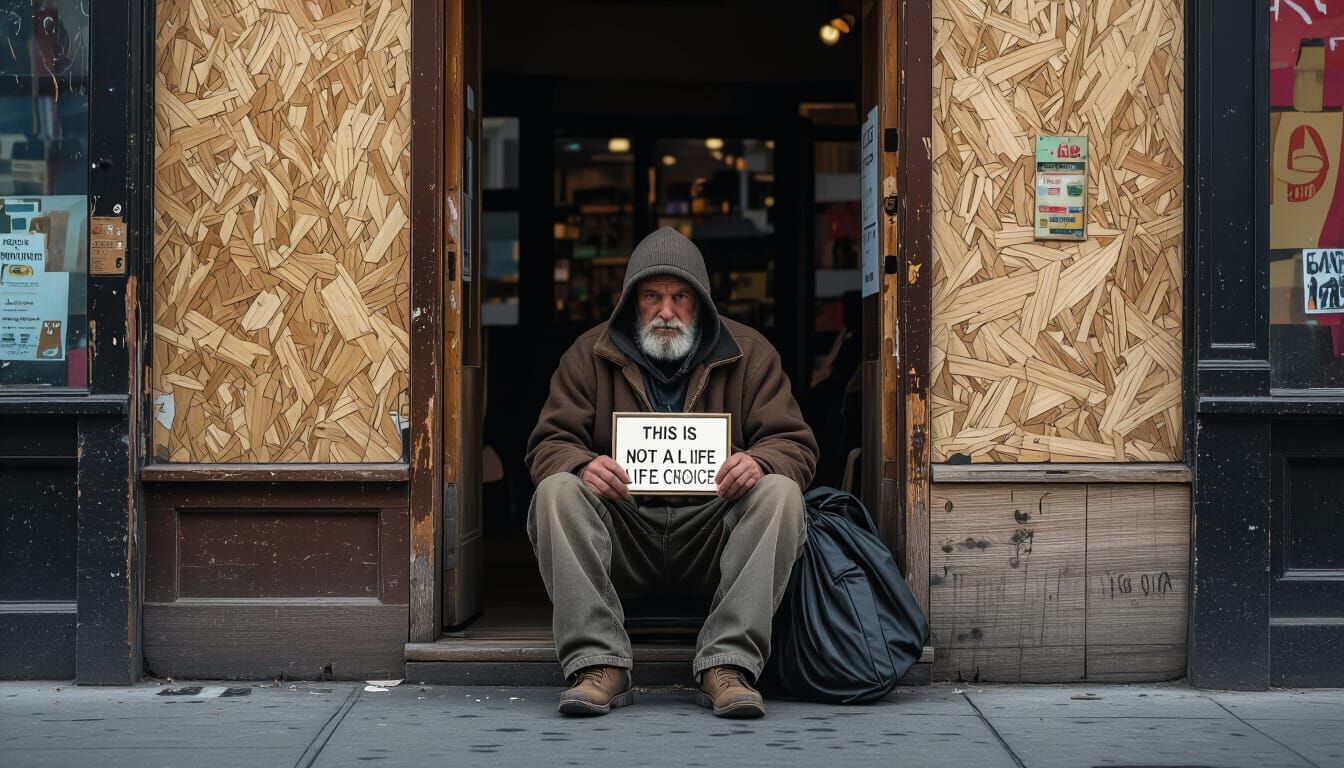 Homeless Man's Plea in Moody HDR Photograph