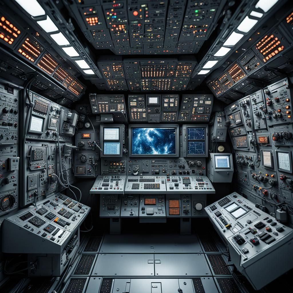 Detailed Space Station Control Room in 3D Digital Art