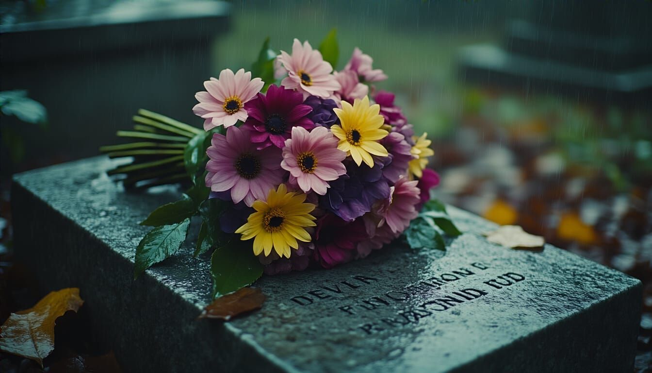 Melancholic Bouquet on Tombstone in Cinematic Style