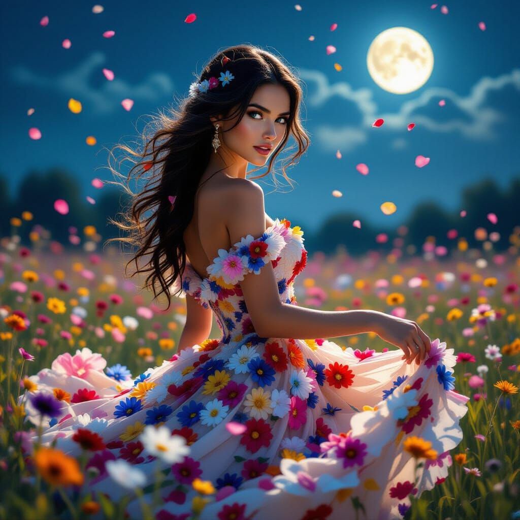Woman in Flower Dress Twirling in Moonlit Field