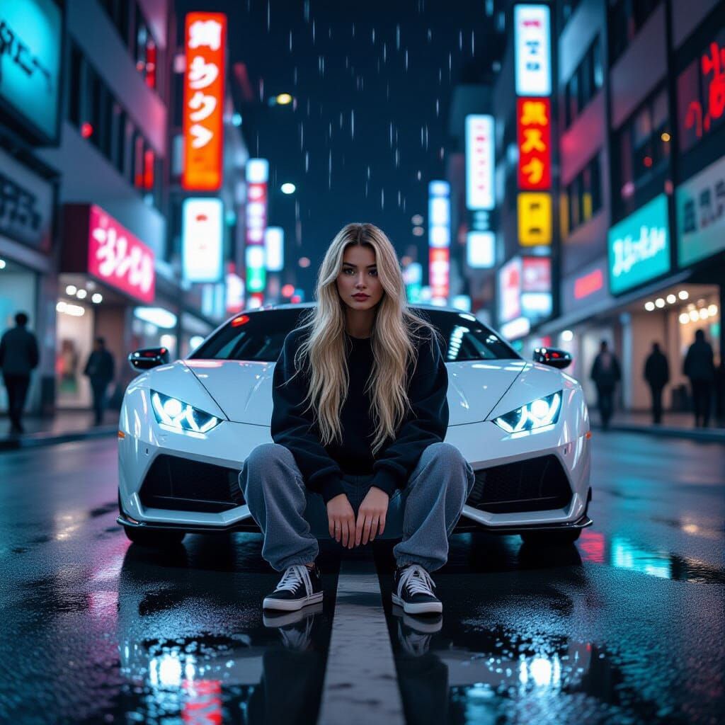 Woman in Streetwear Poses by White Sports Car at Night