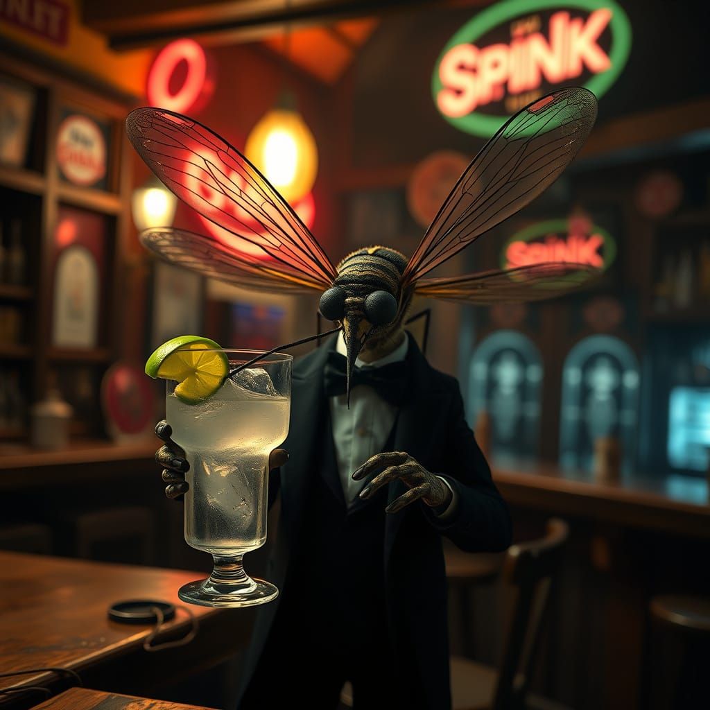 Mosquito in Coat Tails Sips Gin in Seedy Bar