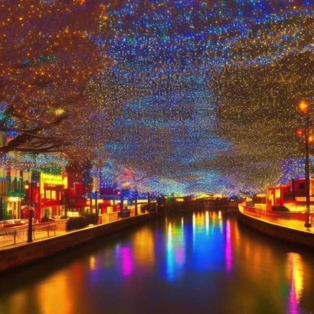 Festive Cityscape with Christmas Lights and River