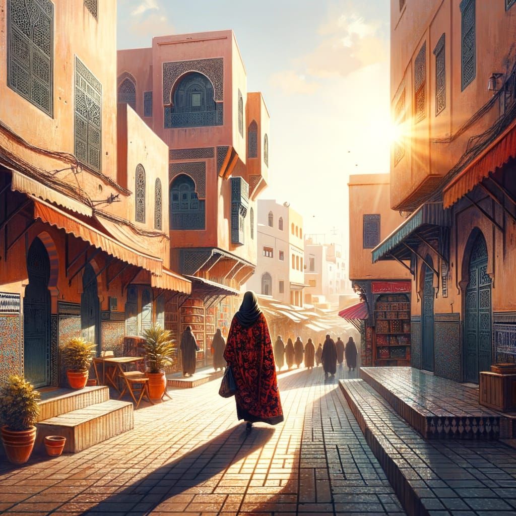 a warm, walkway past sun-baked, stucco buildings in Tangier Morocco,