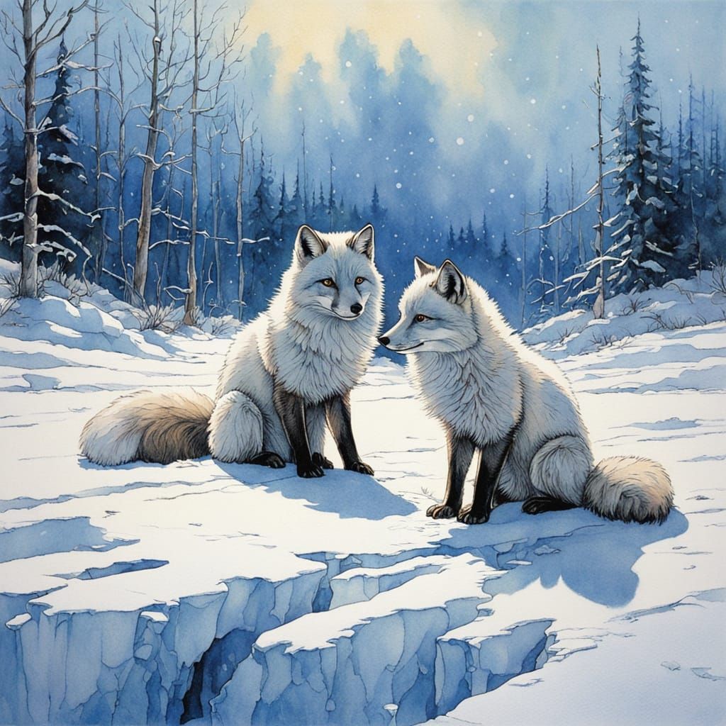 Two majestic arctic foxes with "Bright Blue Eyes" "One sitting on the snow" "The other walking across the shimmering sno...