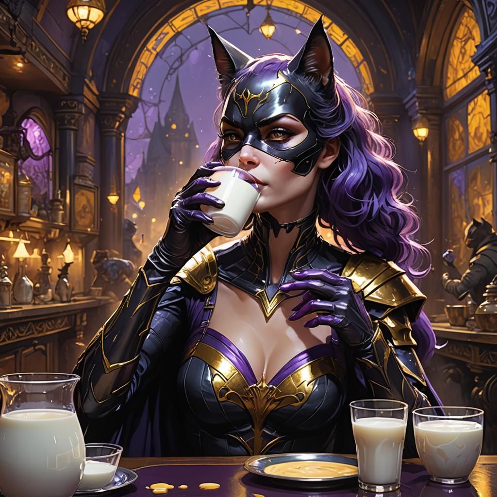 Cat Woman Drinking Milk in Dark Fantasy Style
