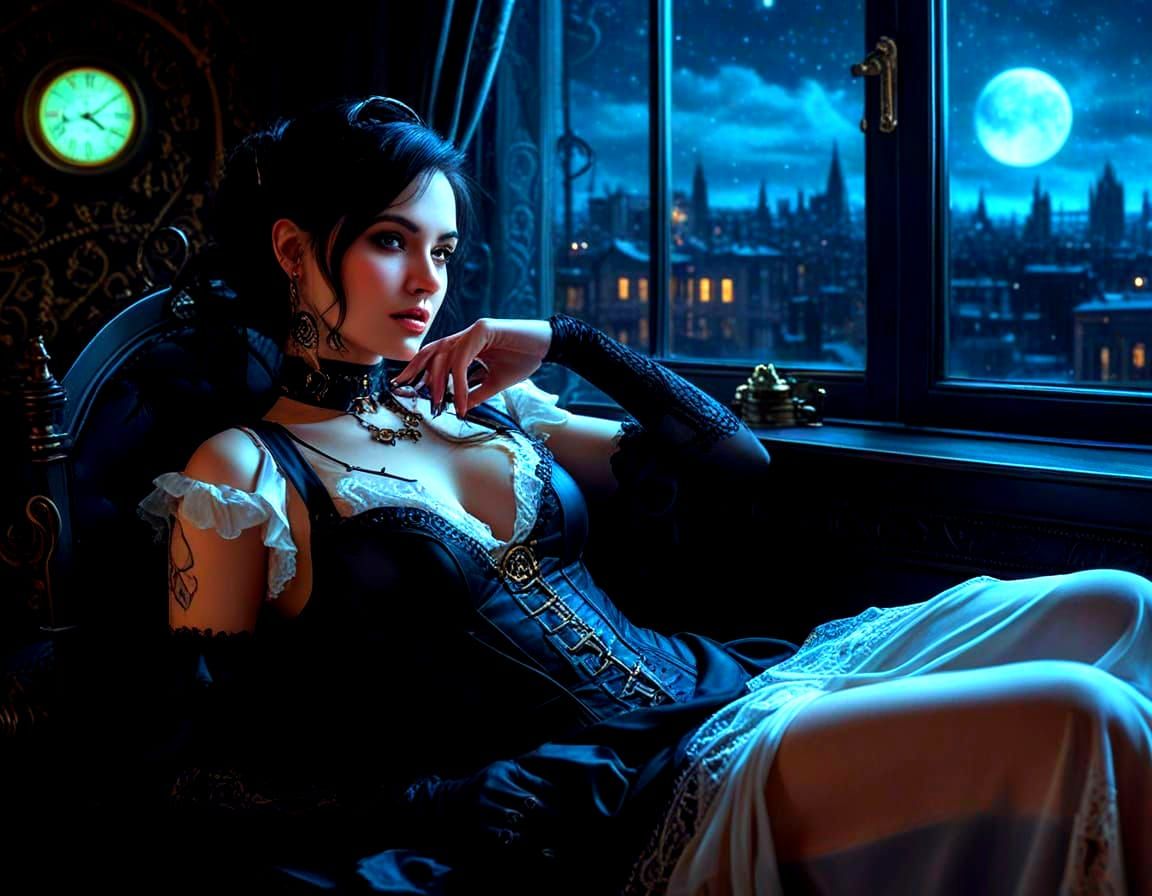 Gothic Woman in Steampunk Bedroom Under Neon Glow