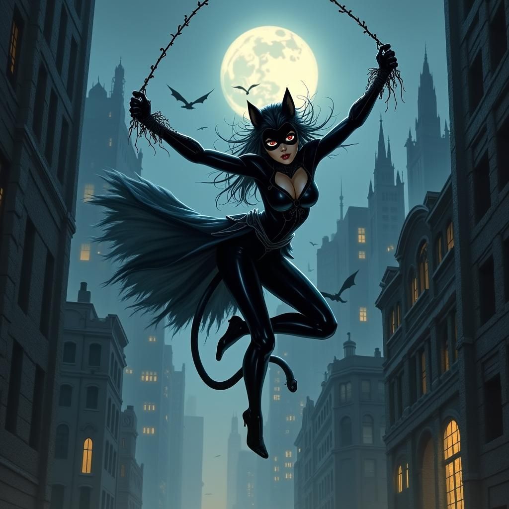 Black Cat Swings Through Mystical Moonlit Cityscape