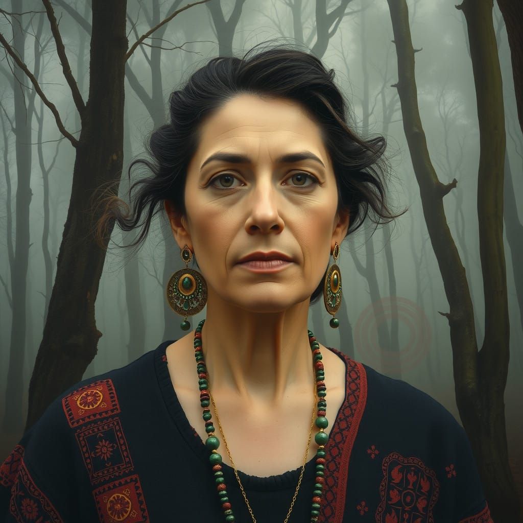 Surreal Portrait of a Charismatic Artist in a Foggy Forest