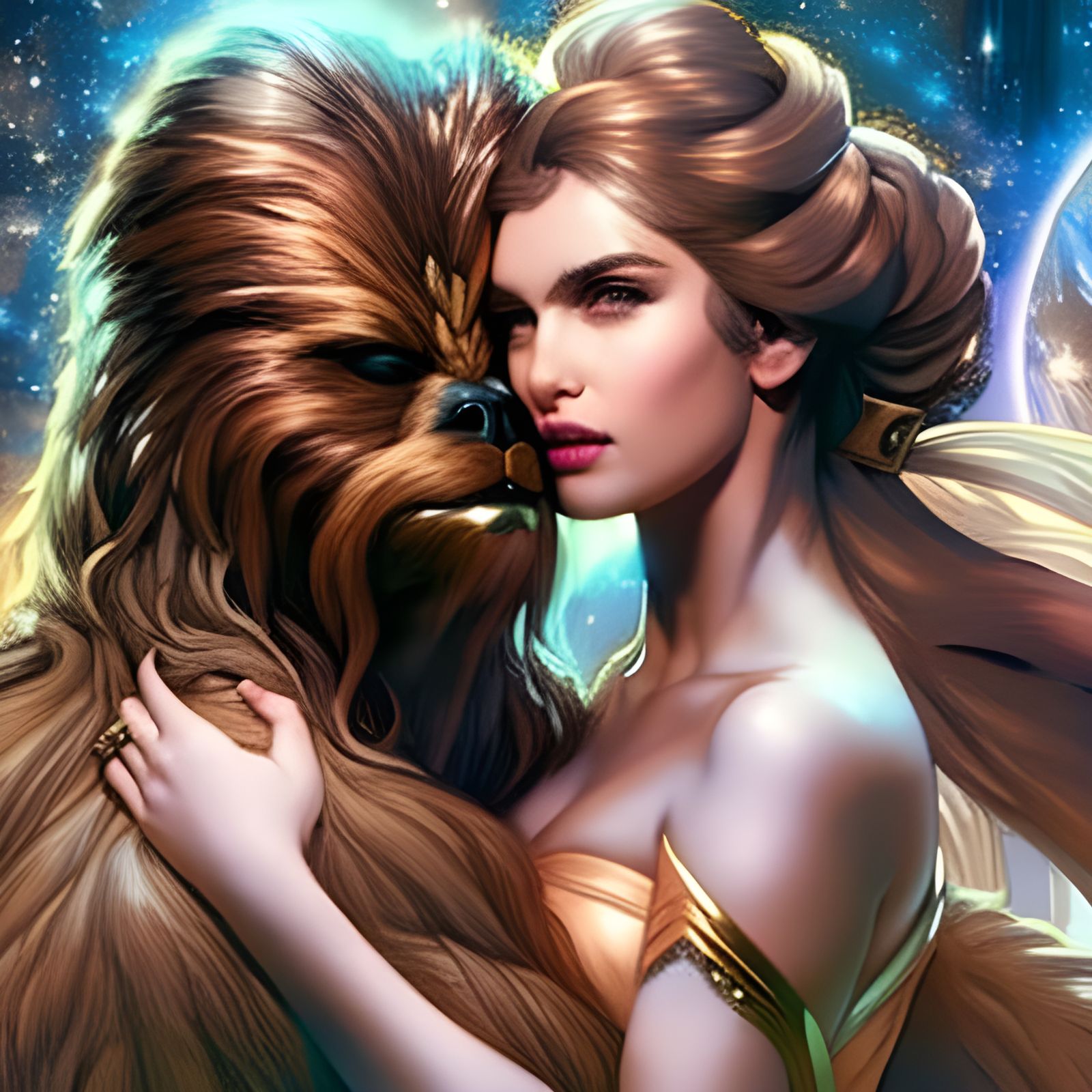 Chewbacca and Belle Embrace in Rococo Sci-Fi Style