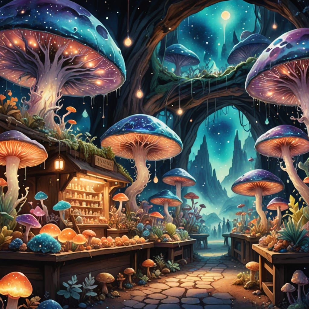 Whimsical Geode Market with Tiny Aliens Trading Starlight