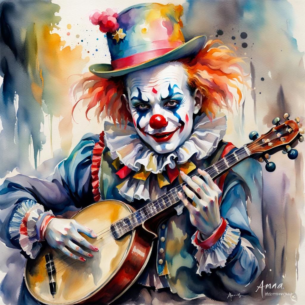 Harmonic Clown with Banjo in Watercolour Style