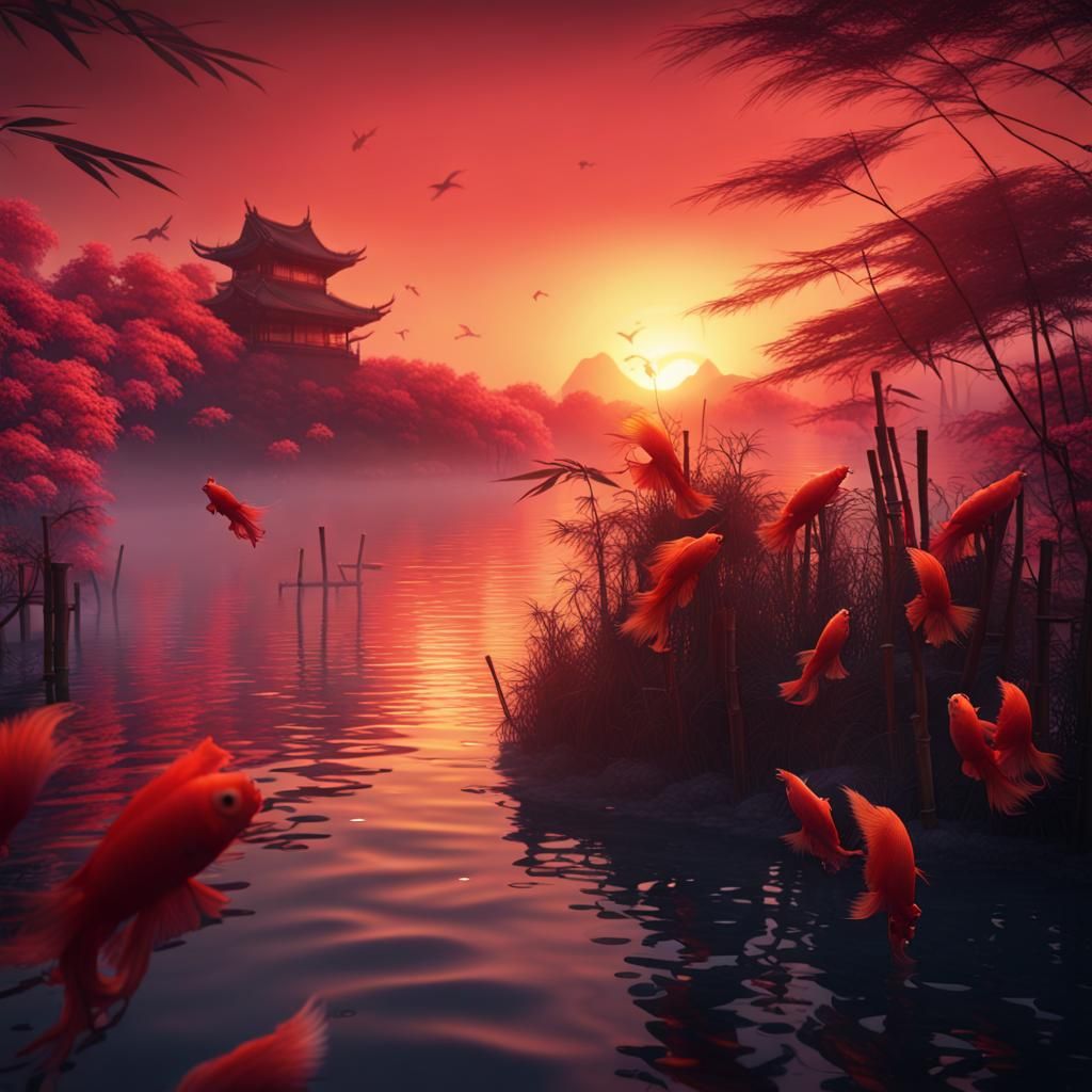Japanese Sunset with Betta Fish in Fantasy Art