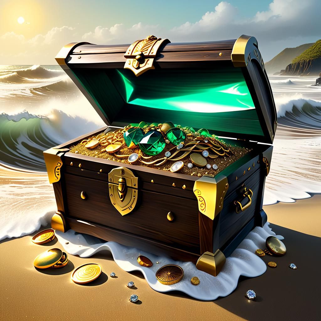 Treasure Chest Overflowing on Shore in Expressionist Style
