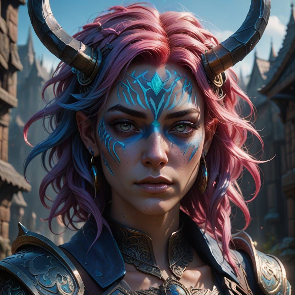 teenage girl, pink hair, blue horns, blue skin, portrait
