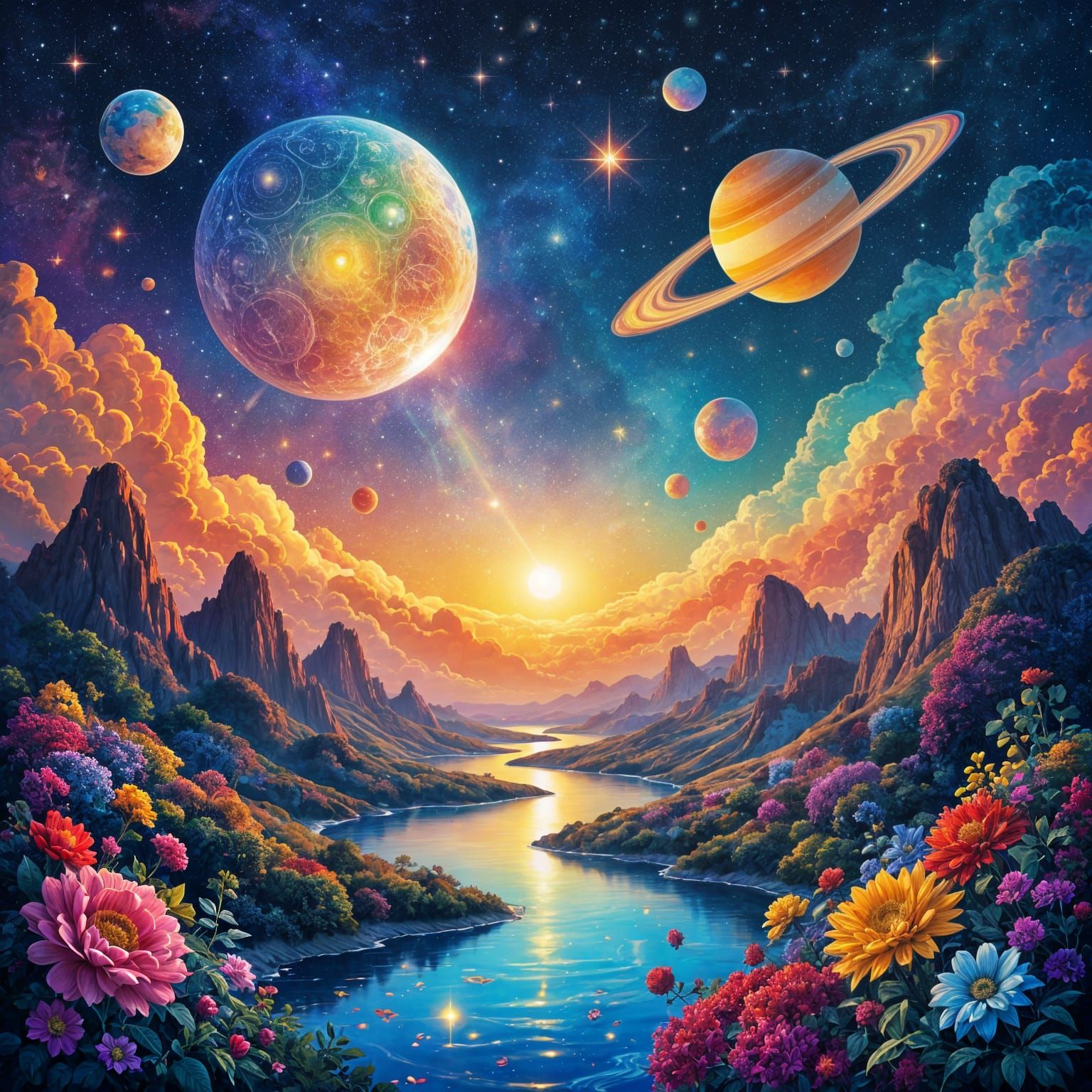 Holographic Astral Cosmic Illustration in Retro Style