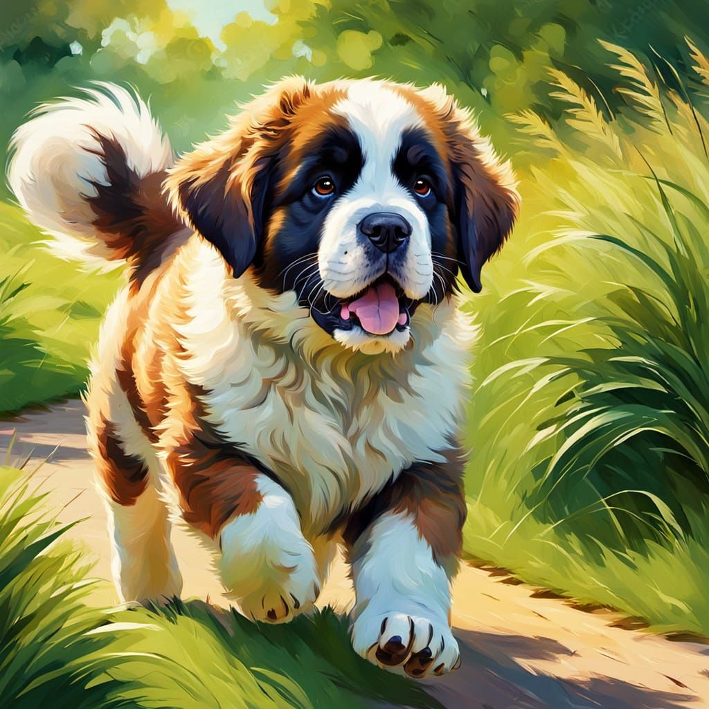 Fluffy Saint Bernard Puppy Running in the Park