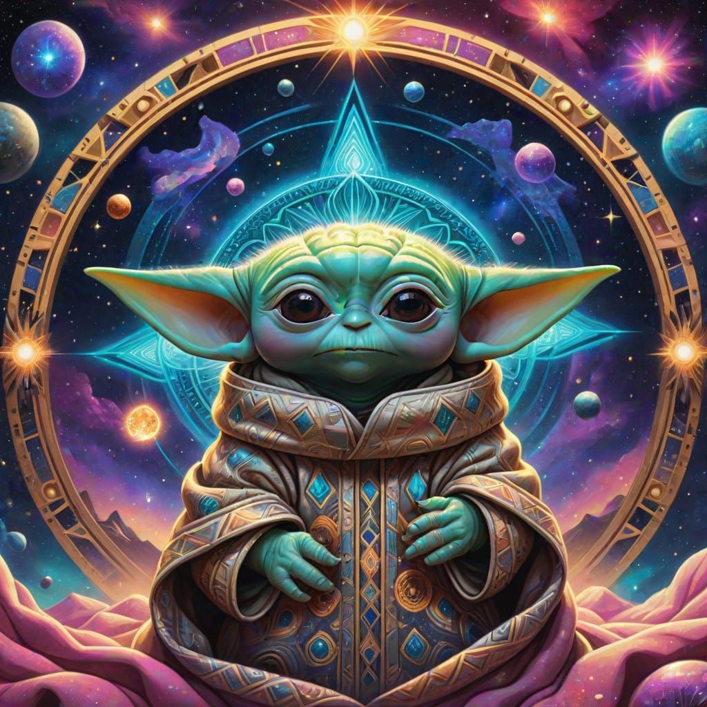 Cosmic Baby Yoda in Vibrant Galactic Scene