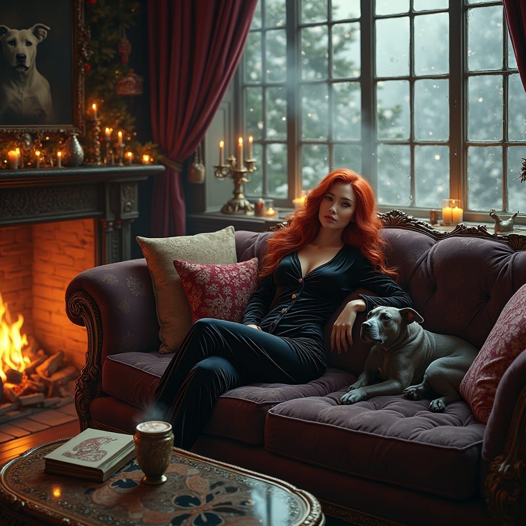 Cozy Velvet Portrait with Fireplace Glow